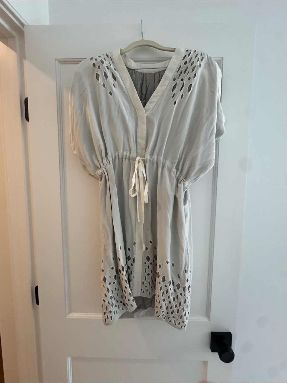 V-Neck Laser Cut Light Gray Drawstring Mini Dress